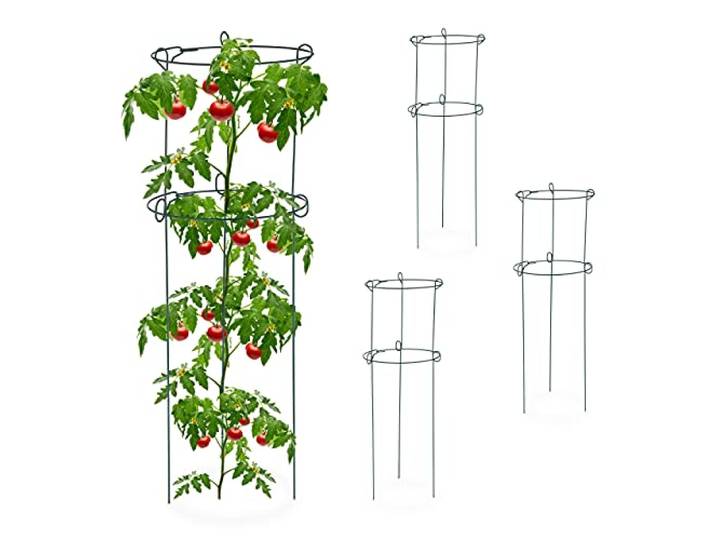 Relaxdays Tuteur à tomates\, Lot de 4\, Plantes grimpantes\, Roses\, tomates\, Support Autonome\, 3 Pieds\, Acier\, Vert foncé