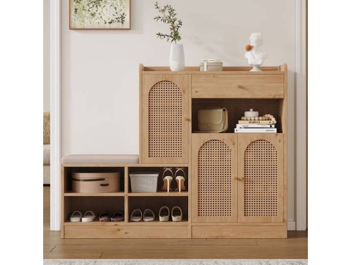 Meuble à Chaussures avec Banc Rembourré 3 Portes en Rotin 1 Tiroir Meuble Rangement Entrée - Couleur Bois Naturel - MERAX