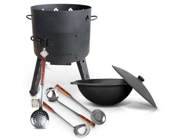 ZARENHOFF Feuerofen Utschak Ø44 cm mit Gusseisen-Kazan 16L mit rundem Boden Gulaschkanone aus 2 mm Stahl Plov Kasan-Topf Ø46,5 cm Aluminiumdeckel 2 Schaumlöffel Schöpfkelle Outdoor Kochstelle