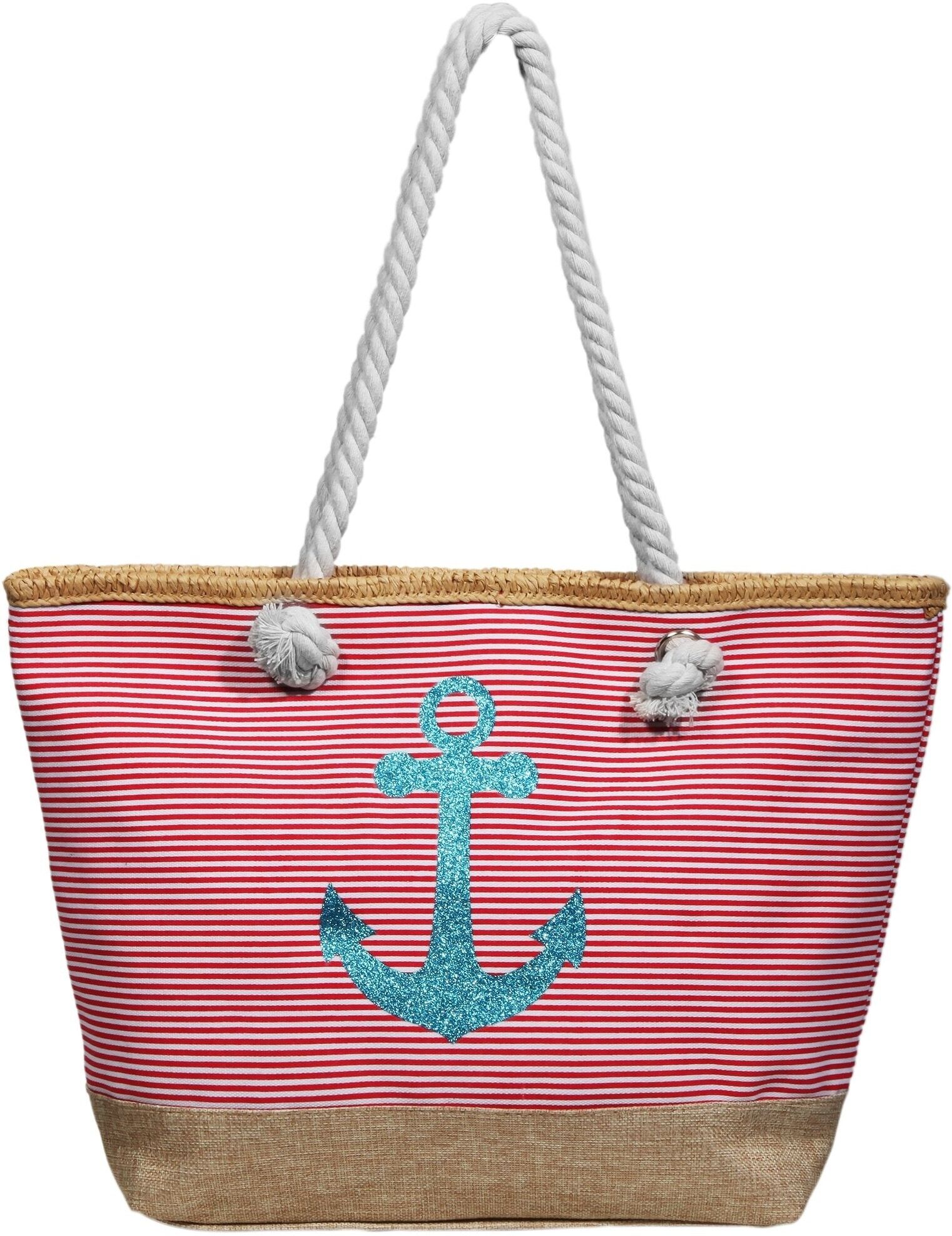 Strandtasche CHAM CHAM "Damen Handtasche aus Textil mit Anker Motiv, Maße: 49 x 34 x", Damen, beige, Textil, Taschen Strandtasche