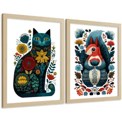 POSTER 2er-Set moderne Kunstdrucke im Folk-Stil, Katzen- und Eichhörnchen-Dekorationsbilder, farbenfrohe Blumenposter für Wohnzimmer Rahmenlos A3