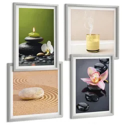 BILDER SET 4er Set - 50x50 cm & 40x60 cm Silberner Rahmen - Entspannende Zen-Steine für inneren Frieden