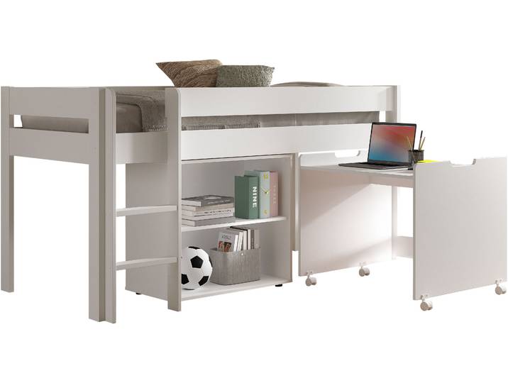 Funktionsbett VIPACK Primo mit Stauraum und Schreibtisch auf Rollen unter dem Bett , weiss (weiß, weiß), B:105,4cm H:109cm L:206,1cm, Daybetten, Funktionsbett, Kiefer massiv, weiss lackiert, wahlweise mit 2 oder 1 Regal