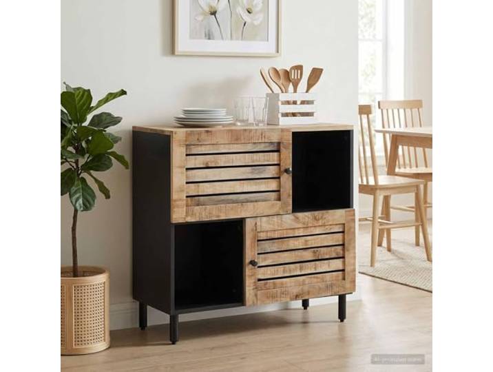 WXGTBKPR Sideboard aus massivem Mangoholz, 80 x 33,5 x 75 cm mit 2 Türen, Messingknöpfe, Vielseitig einsetzbar