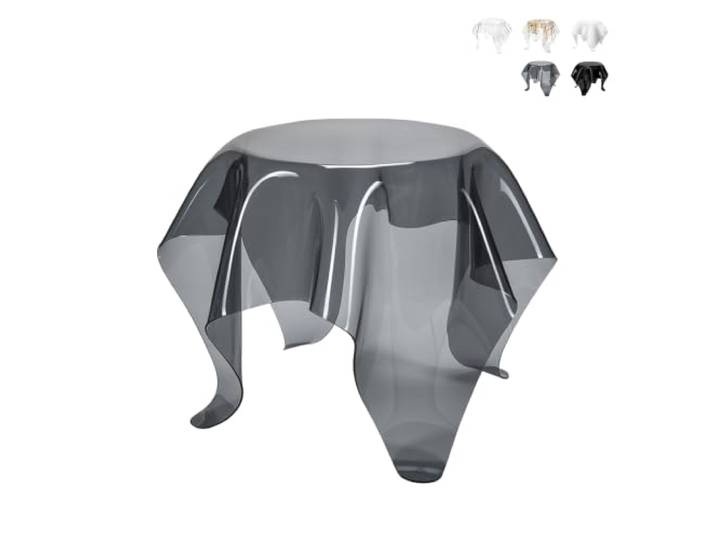 Couchtisch, rund, 60 cm, aus transparentem Plexiglas, Drapierungen, transparent