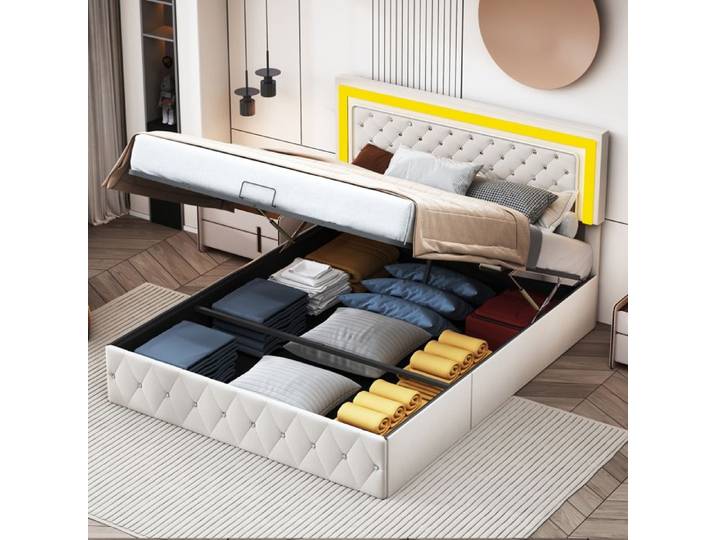 140x200 Lit double capitonné lit coffre avec éclairage LED lit adulte décoration cloutée tissu velours beige