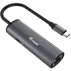equip Adapter USB-C -> 10/100/1000 +PD Adapter gr (USB-C, 2 Ports), Dockingstation + USB Hub, Grau, Schwarz