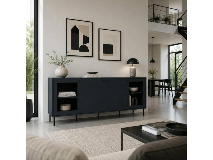 Buffet Bas Vitrine Bleu Sombre 4 Portes Raven