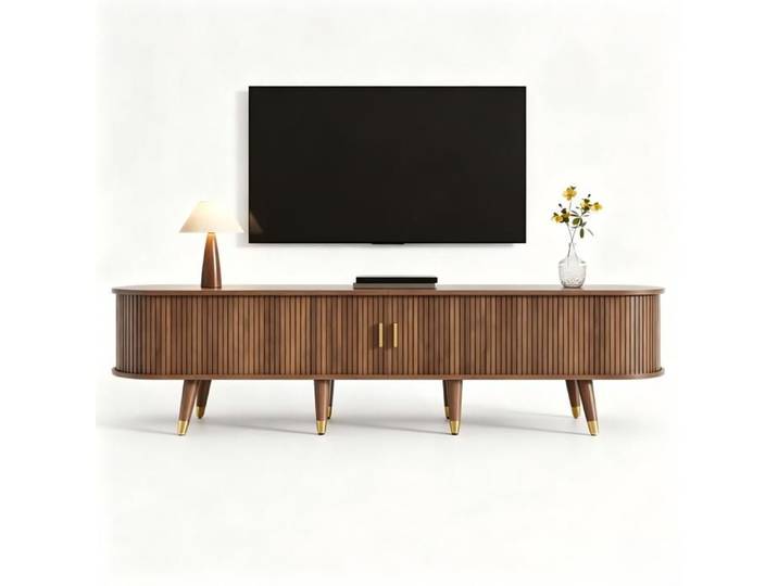 Meuble TV - HIBA - Meuble TV portes coulissantes Noyer - Insert rotin - MDF durable - 175×38×45 cm