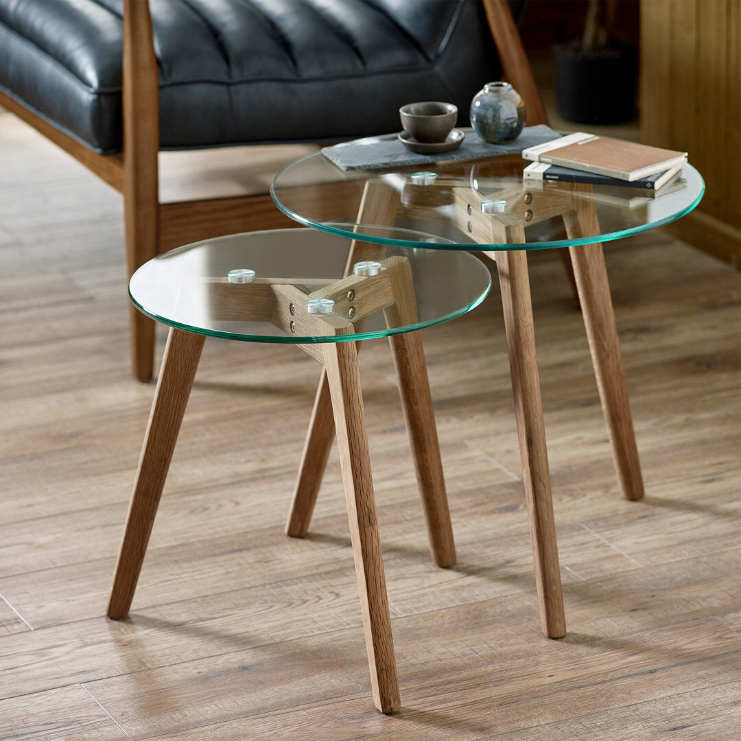 Metro Darienzo Glass Top Three Leg Round Nesting Side Tables Clear 44cm H X 50cm W X 50cm D