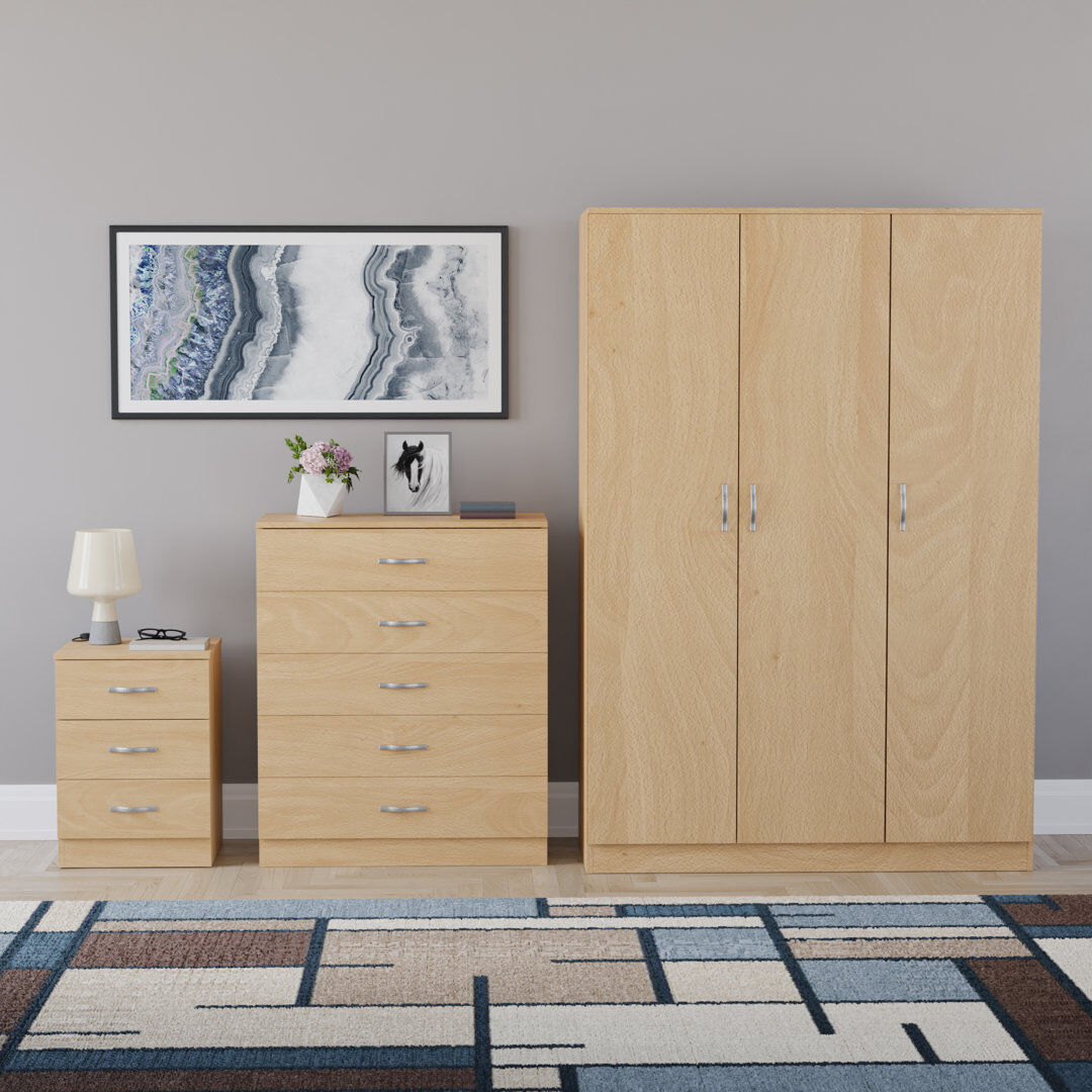 17 Stories Maybery 3 Piece Bedroom Set (3 Drawer Bedside Chest, 5 Drawer Chest, 3 Door Wardrobe), (5) Pine