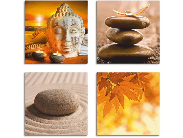 Leinwandbild ARTLAND Buddha-Statue Zen Garten Massagesteine , braun (farbe bild(er): braun), B:30cm H:30cm, Leinwand, MDF, Bilder, Leinwandbild, 4er Set, verschiedene Grössen