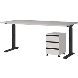 Büro Set 2-teilig | Schreibtisch 160x80cm & Rollcontainer Greige/Schwarz | Einstellbar 68-91 cm & Soft-Close | Made in Germany Kadima Design