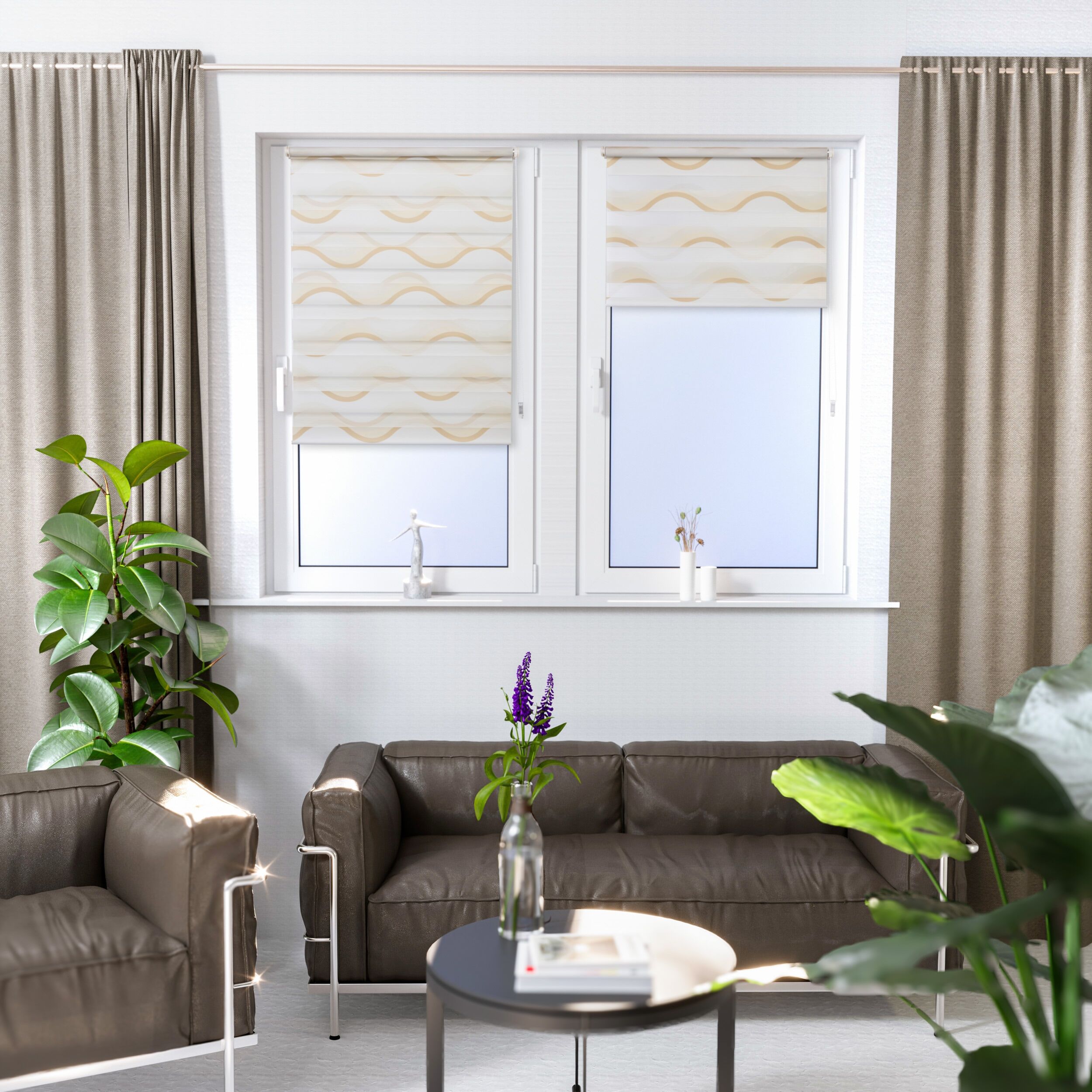 Doppelrollo K-HOME "Wellen Design", beige, weiß, weiß, B:90cm H:200cm, Polyester, Rollos, Doppelrollo, Bedruckt mit Muster beige, weiß, weiß 200cm, einseitig verschiebbar, 90cm
