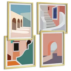 BILDER SET 4er Set - 50x50 cm & 40x60 cm Goldrahmen - Minimalistische Pastellgrafiken