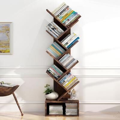 Garvee Tree Bookshelf, 8-Tier Tall Wooden Bookcase with Drawer, Floor Standing Space-Saving Organizer Shelf