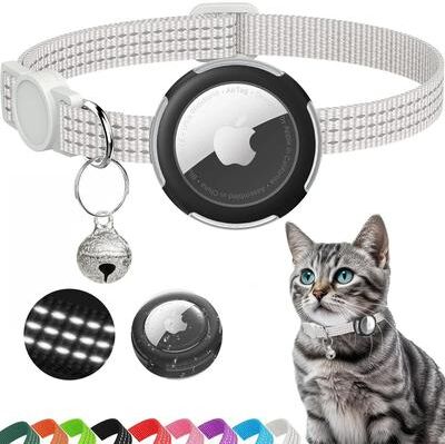 Uplift Essentials Reflective Breakaway AirTag Cat Collar Lightweight Safety Tracker Necklace With Removable Bell white