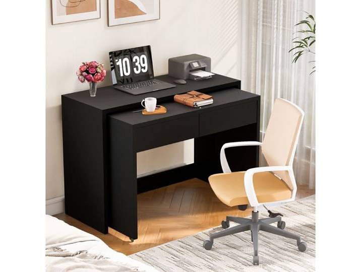 ROVRYN Bureau 2-en-1 extensible 110 x 40 x 78 cm avec 2 tiroirs roulettes et panneaux de particules noir