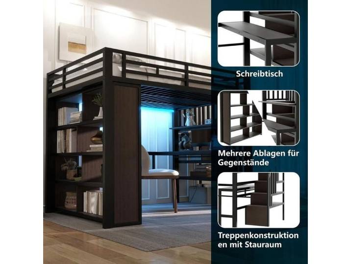 Lit mezzanine - KOMHTOM - Lit Mezzanine 140x200cm - Bureau intégré - LED intégrée - Escalier avec rangements