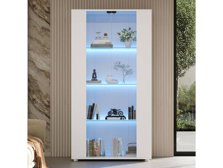 Armoire vitrine avec 2 portes en verre 4 aires de rangement et éclairage LED réglable Ã©clairage moderne pour salon Blanc