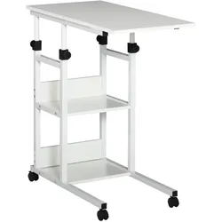HOMCOM Beistelltisch mit Rollen, Nachttisch höhenverstellbar 2 Regale Metall Weiß 80x40x72-82cm