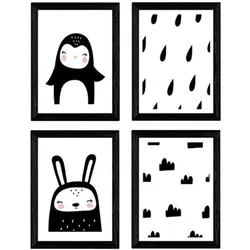 POSTER Set mit 4 Rabbit und Pinguine Tiere A4 Schwarzer Rahmen
