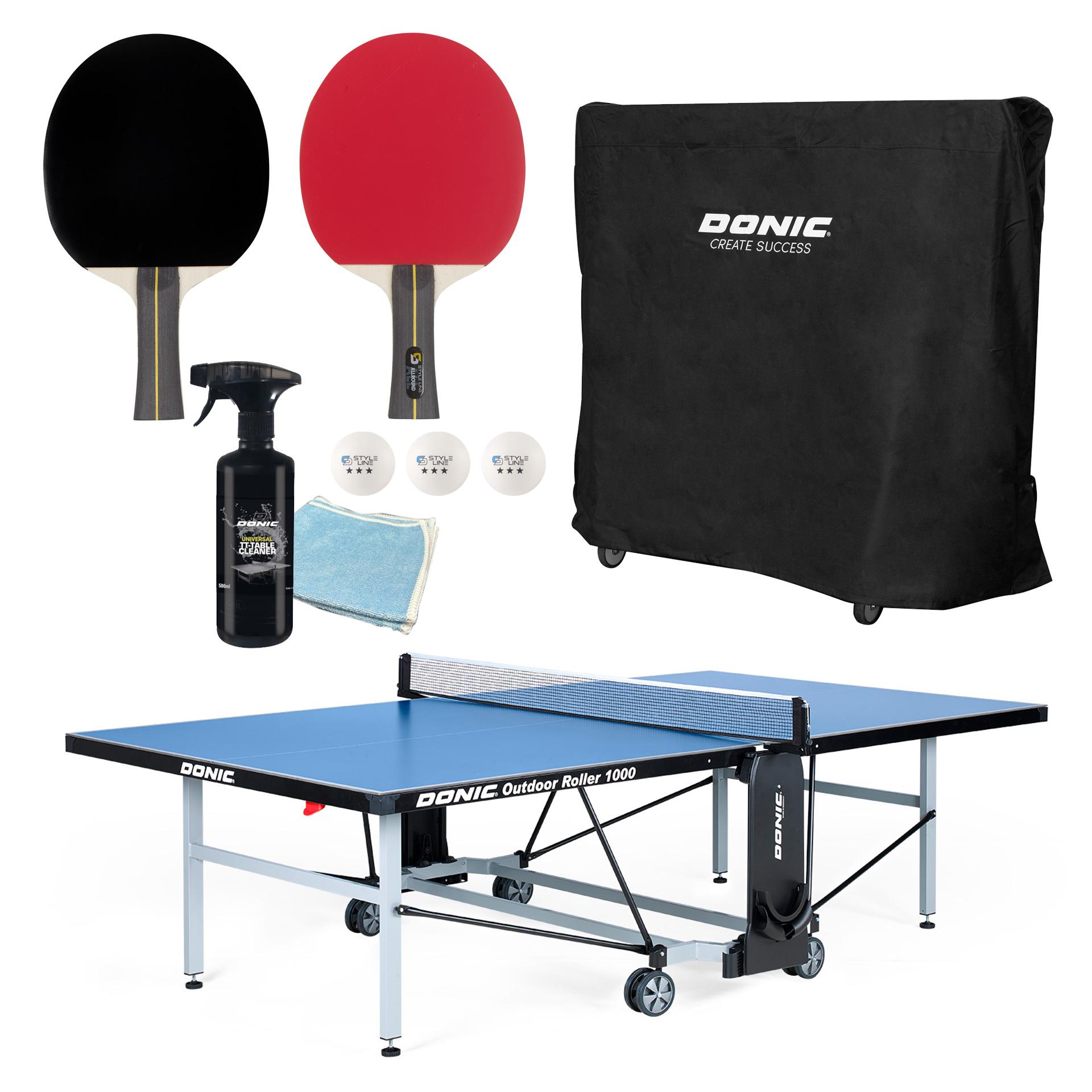 DONIC Outdoor+Indoor Tischtennisplatte Roller 1000, inkl. Abdeckhülle, 2 Tischtennisschläger, 1 Tischreiniger m. Tuch, TT-Netz, Ball, -Schlägerhalter