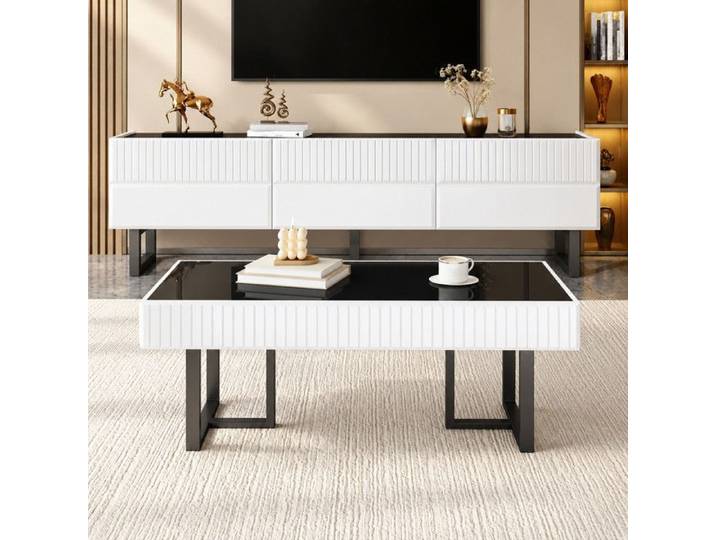 Norevia Ensemble Meuble TV et Table Basse Noir et Blanc avec Façades à Rayures Verticales