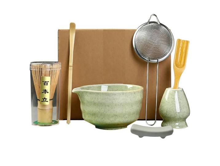 Teezubehör 7-teiliges Set Matcha Schale mit Ausguss und Bambusbesen, Grün, Keramik, 12.5x1.5x14 cm, Geschirr, Kannen & Karaffen, Kaffeezubehör & Teezubehör