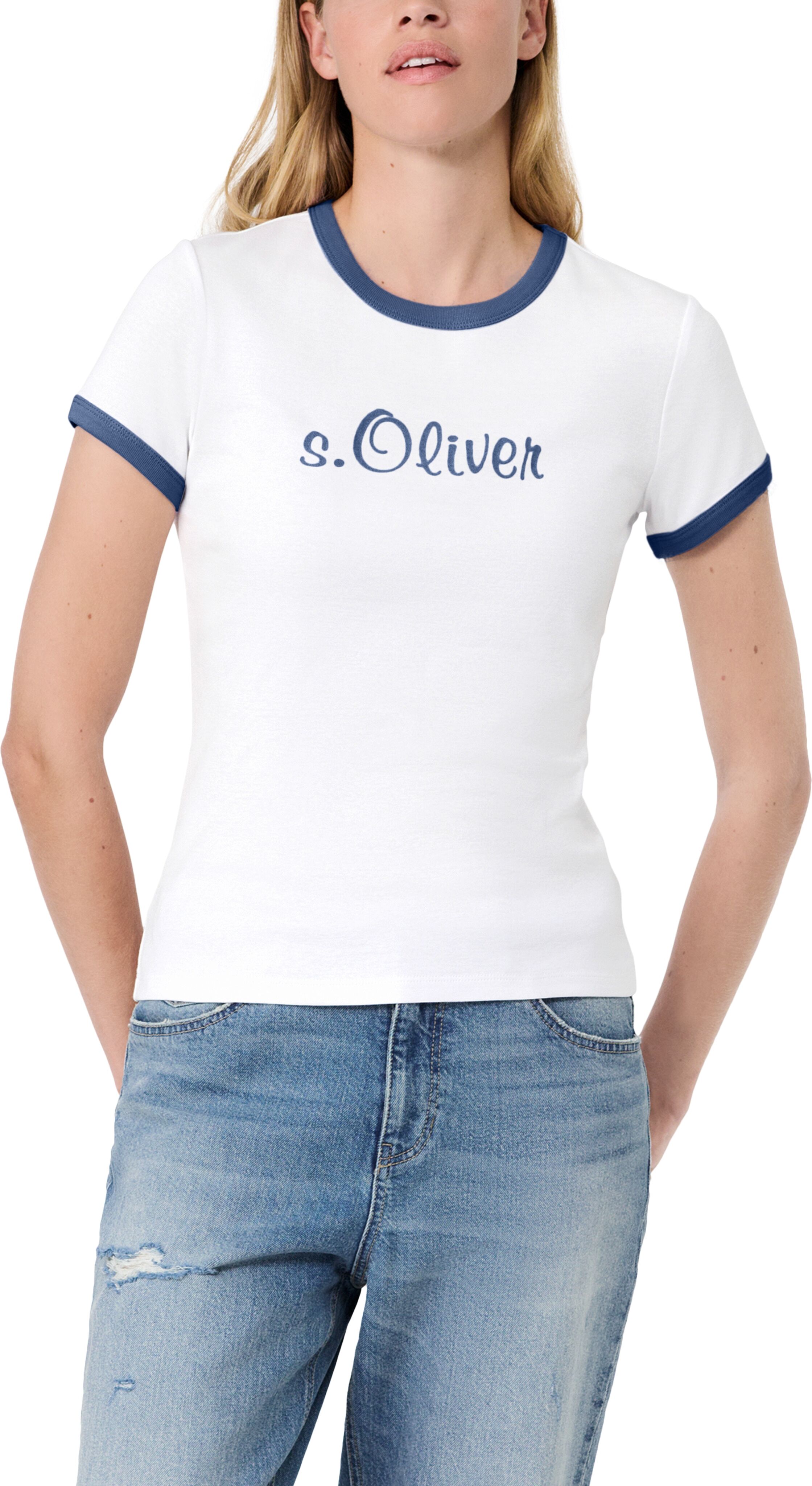 Kurzarmshirt S.OLIVER "s.Oliver X Heidi Klum Logo T-Shirt", Damen, Gr. 34, weiss (dusty indigo), Jersey, Obermaterial: 100% Baumwolle, bedruckt, normal hüftbedeckend, Rundhals, abgesteppte Kante kontrastfarben, Shirts Kurzarmshirt, mit Logo-Print / Konstr
