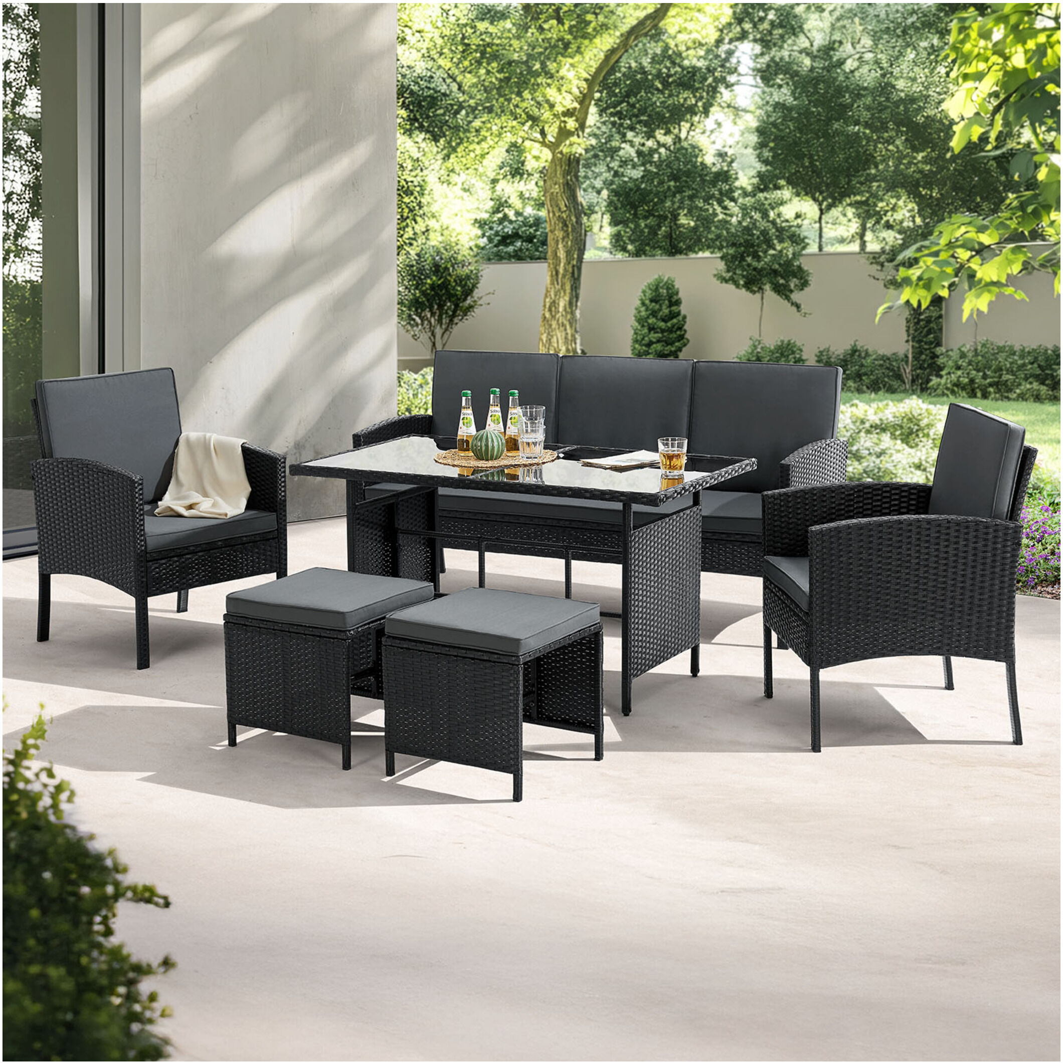 JUSKYS Polyrattan Gartenmöbel Sitzgruppe Turin schwarz