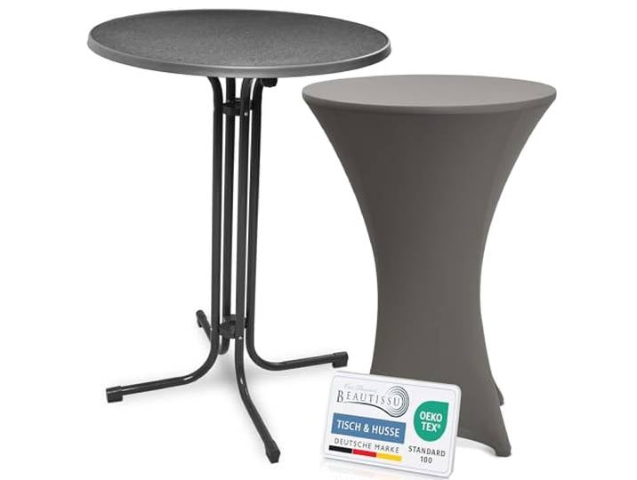 Beautissu Stehtisch klappbar 80cm mit Stretchhusse Outdoor Bistrotisch Grau Anthrazit rutschfest waschbar und bügelfrei kratzfest wetterfest Hussen Klappbarer Partytisch Bellini & Stella