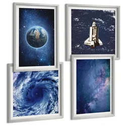 BILDER SET 4er Set - 50x50 cm & 40x60 cm Silberner Rahmen - Erde Weltraumsturm Galaxie