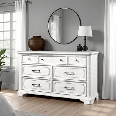 Benjara Lesy Wide Dresser, 7 Drawers, Black Metal, Vintage White Poplar Wood