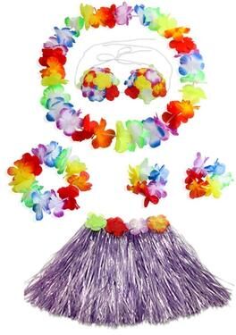 Uplift Picks Colorful Kids Hawaiian Luau Costume Set With Grass Skirt Party Accessories purple (6 Pcs)