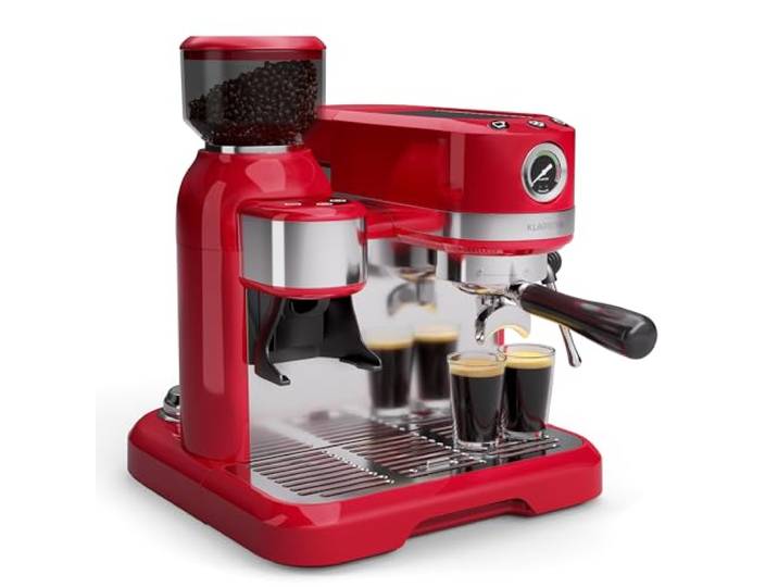 KLARSTEIN Bella Café machine à café en grains – 19 bars\, 1550 W\, broyeur intégré 200 g\, réservoir 1\,4 L\, mousseur à lait\, Thermobloc\, Inserts Pour 2 Tasses\, rouge