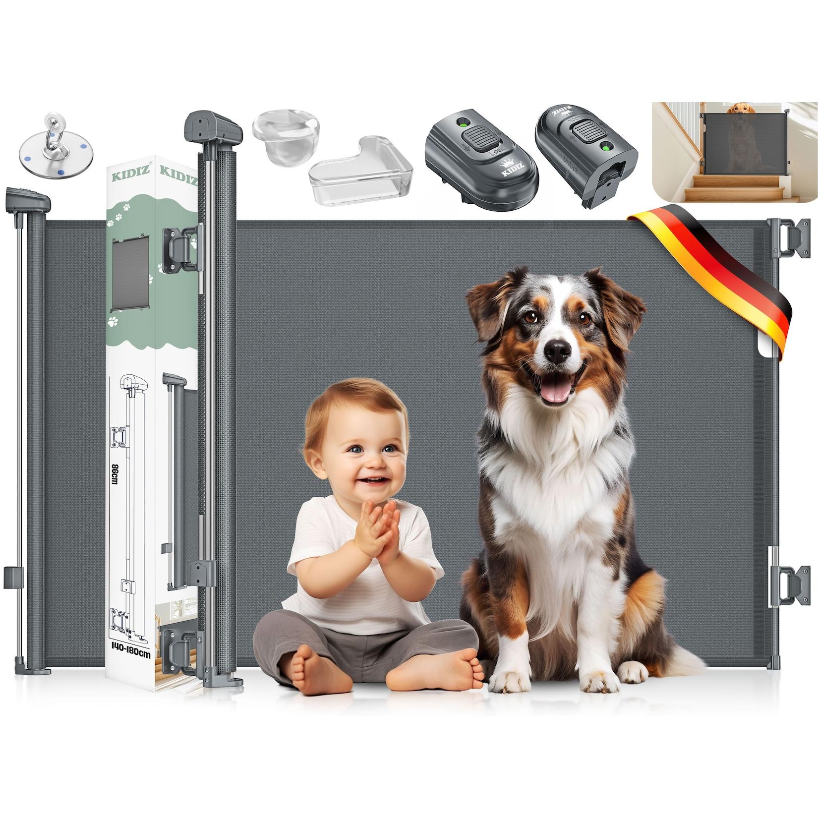 KIDIZ® Treppenschutzgitter Türschutzgitter ausziehbar bis 140/180cm kindersicheres Treppengitter für Babys & Haustiere Schutzgitter Treppen & Türen Absperrgitter inkl. Bodenanker & Montagezubehör
