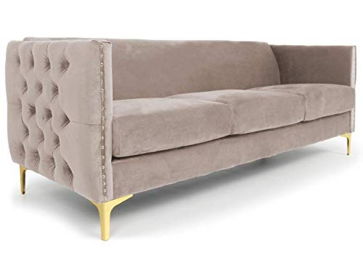 Menzzo Canapé 3 Places Joshua en Velours Taupe – Design Capitonné Chic\, Pieds Métal Doré\, Assise Confortable – L204
