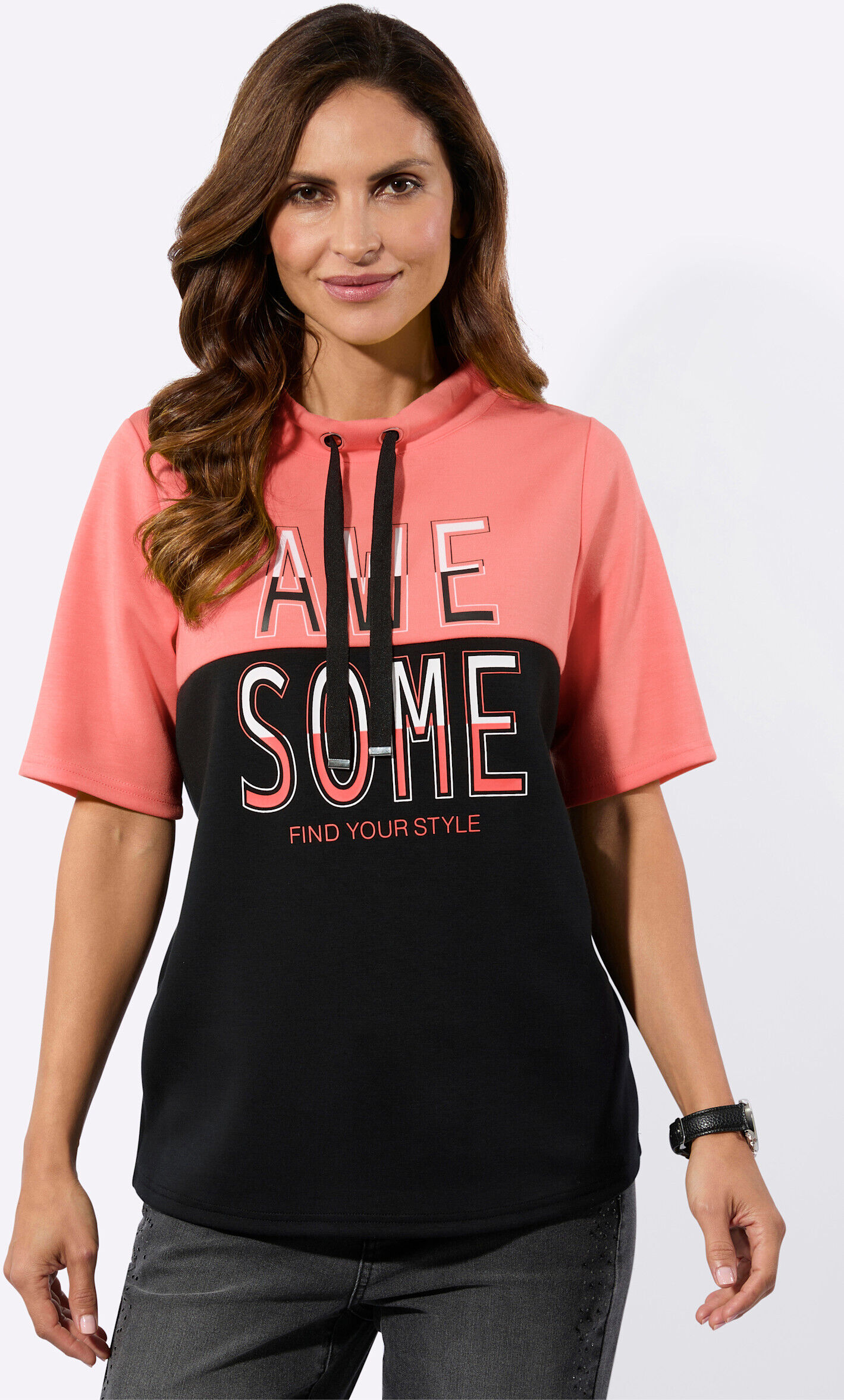 Sweatshirt WITT "Sweatshirt Stehkragenshirt mit Lettering-Druck", Damen, Gr. 40, pink (koralle, schwarz), Interlock, , Modisch, Sweatshirts Sweatshirt