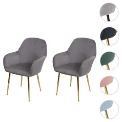 2er-Set Esszimmerstuhl HWC-F18, Stuhl Küchenstuhl, Retro Design ~ Samt grau, goldene Beine