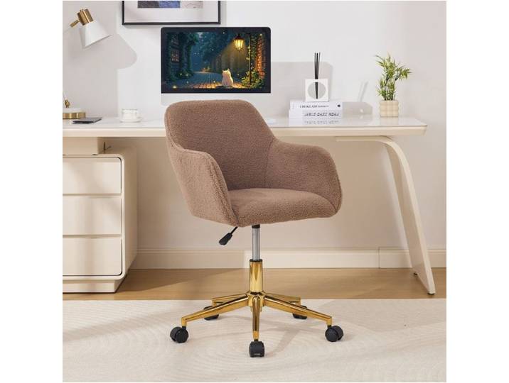 WOVREO Chaise de bureau pivotante en tissu bouclette Teddy marron hauteur reglable base doree