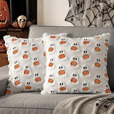 HomeDecorAndMore LLC Ghost Pumpkin Plush Faux Fur Pillow Covers, Soft Halloween Decor For Sofa Couch Bed, Living Room Seasonal Accent white 17.72 17.72 1pcs
