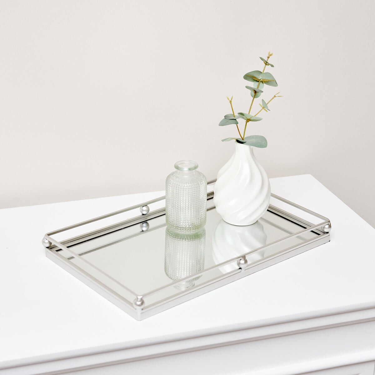 Silver Rectangle Mirrored Display Tray Metal, Glass
