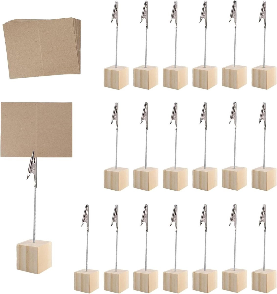 20 stuks Memoclips Kraft fotohouders met houten basis in natuurlijke houtstijl
