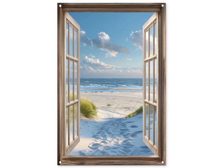 OnlyWow Gartenposter - Aussicht - Strand - Fenster - Dünen - Meer - 80x120 cm, Hellblau, Kunststoff, Rechteckig, 80x120x0.2 cm, Bilder & Rahmen, Bilder, Wandbilder