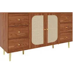SIDEBOARD 160 cm Holzoptik & Rattan Kommode mit 6 Schubladen und 2 Türen