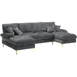 OKWISH U-förmiges Sofa Chenille mit Hochdicht-Schaum, ergonomisches Design, goldene Metallfüße, modulare Sitzkissen, 130x270cm Grau