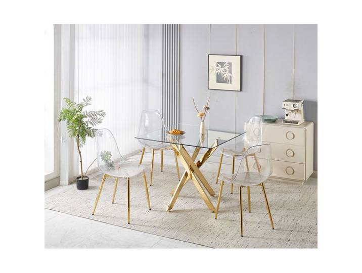 Ensemble table à manger 5 pièces avec 1 table et 4 chaises dossier ergonomique en ABS transparent et pieds métal doré