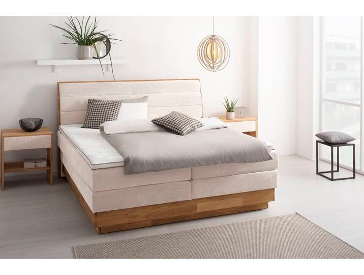 Boxspringbett GOODPRODUCT Jenna , beige (sabbia), B:204cm L:216cm, Komplettbetten, Boxspringbett, ohne LED-Beleuchtung, mit zertifizierten, recycelten Bezugsstoffen