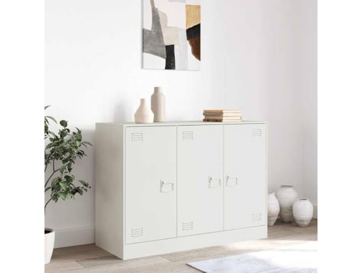 KTHLBRH Sideboard weiß 99 x 39 x 73 cm kaltgewalzter Stahl 6 Fächer, 3 Türen, 3 Metallgriffe, Kapazität 90 kg, einfache Reinigung